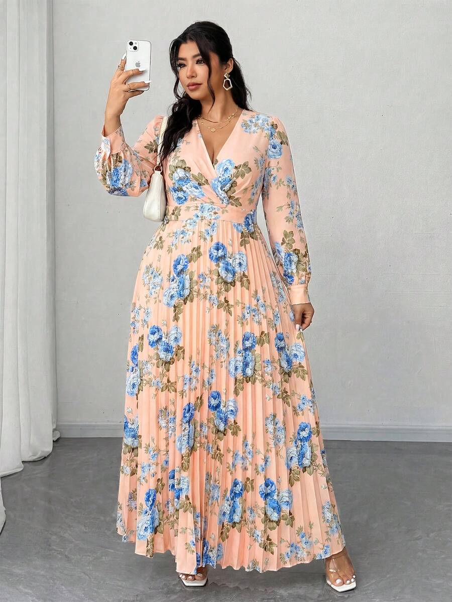 Elenzga 大码女式春夏度假、优雅浪漫派对、婚礼宾客碎花长袖V领褶皱飘逸长裙 - 粉色 - 查看 1