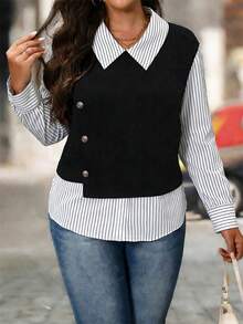 EMERY ROSE Plus Size Women Patchwork Striped Long Sleeve Button Design Casual Shirt Business Casual Women Shirts Office Blouses Blouses For Women Elegant Classy Shirts Elegant Shirts - Royal Blue - View 5