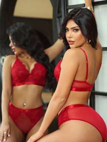 2件套刺绣网纱钢圈文胸套装 - 酒紅色 - 查看 4