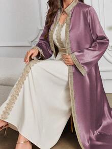 Al Najma 女士水溶性蕾丝拼接连衣裙，带外套，穆斯林时尚长袍，适合休闲/节日/聚会/旅行 - 紫色 - 查看 1