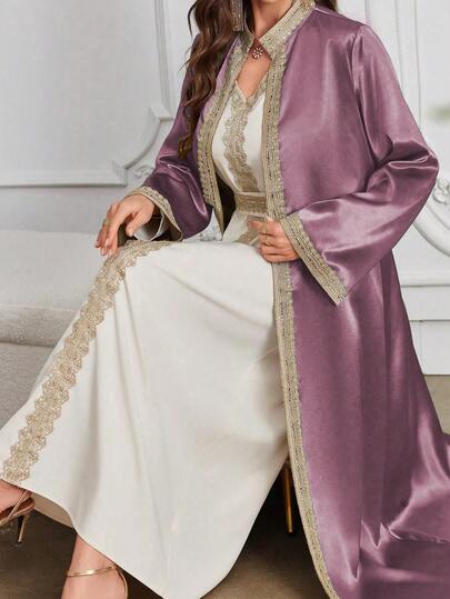 Al Najma Women's Water Soluble Lace Patchwork Dress With Outerwear, Muslim Fashion Abaya For Casual/Festival/Gathering/Travel