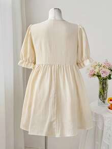 Sweetra Đầm babydoll cỡ lớn cổ chữ V phối ren tay ngắn xếp nếp thắt eo thanh lịch cổ điển dễ thương thường ngày dự tiệc ngày lễ - Màu be - Xem 2