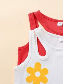 2件套女孩度假活力3D毛巾刺绣镂空修身露脐背心，白色和紫红色 - 紅白色 - 查看 3