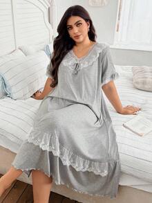 SHEIN 大码女士奢华宫廷风格分层蕾丝边牛奶丝柔软轻盈睡衣裙，休闲居家，Moo Moo