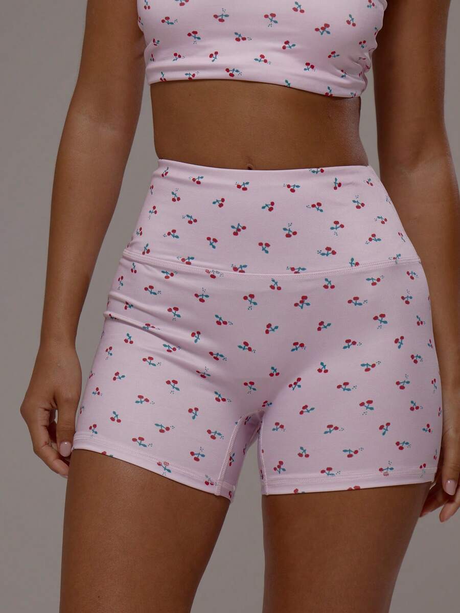 Musera Sport 樱桃印花高腰运动短裤，适合运动健身、普拉提等日常休闲场合，可爱又少女感。 - 粉色 - 查看 1