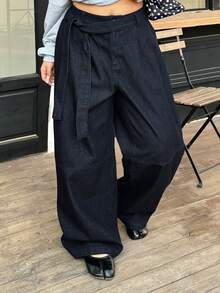 Dazy Plus Fashionable Retro Dark Denim Blue Waistband Tie Design Loose Harem Long Jeans, All Season