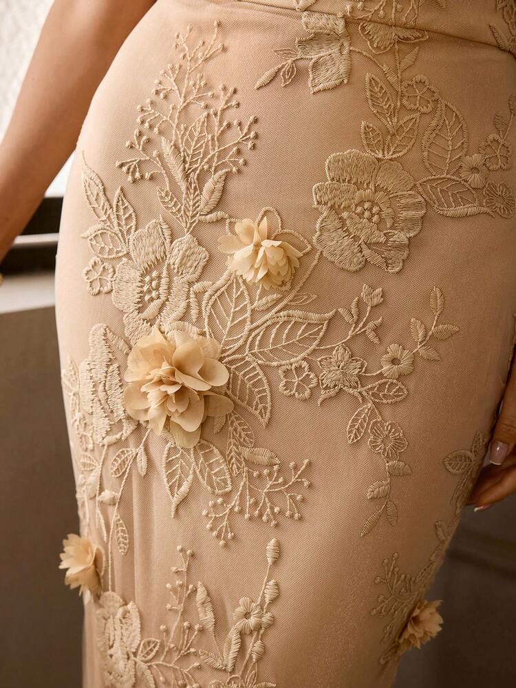 MOTF Soiréza 봄/여름 고급 3D 플로럴 새틴 패치워크 오프숄더 정장 드레스