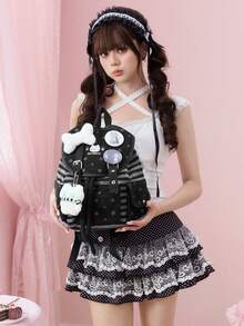 ROMWE Grunge Punk 朋克风猫爪、骨头、星星印花撞色多口袋黑色背包，时尚休闲男女通用大容量包，适合通勤、上学等场合。 - 黑灰色 - 查看 11