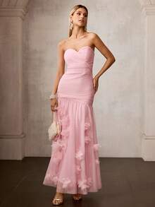 MOTF Soiréza 女士浪漫网纱花卉贴花正式连衣裙，春夏款 - 粉色 - 查看 5