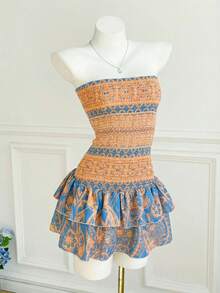 Elamini Paisley Print Strapless Mini Dress, Casual Vacation - Burnt Orange - View 3