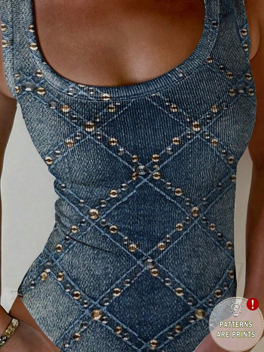 INAWLY Áo liền thân không tay in họa tiết denim dành cho nữ, kiểu dáng thường ngày, thích hợp cho mùa hè. - Nhiều màu - Xem 1