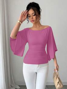 Selianne Áo thun nữ tay loe trễ vai, màu trơn, co giãn cao, thanh lịch dành cho người đi làm. - Bụi hồng - Xem 4