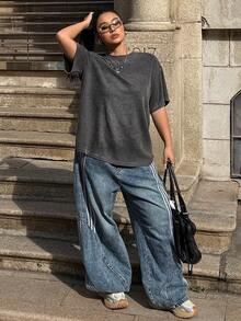 Muchica 大码宽松圆领舒适T恤，适合户外、通勤、约会和日常穿着，春夏款 - 灰色 - 查看 4