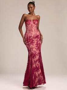 SHEIN BAE Women's Elegant Lace Mermaid Hem Skirt, ,Suitable For Wedding Season, Graduation Season, Night Out, Party Activities, Travel, Party Festivals,Women's Elegant Skirt,Red Skirt - Red - View 5