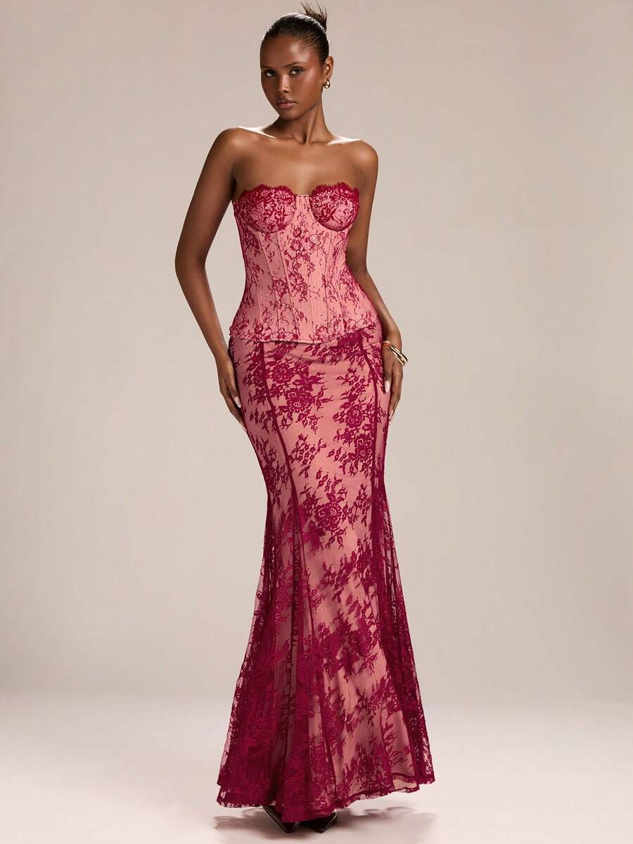 SHEIN BAE 女士优雅蕾丝鱼尾裙，适合派对和宴会穿着 - 紅色 - 查看 1