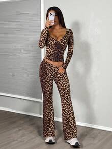 SHEIN PETITE 2 Pieces Women Leopard Print Casual Top And Pants Set Leopard Set - Brown - View 5