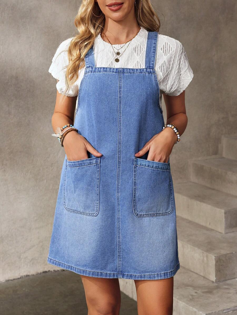 EMERY ROSE Damklänning i tvättad denim med dubbla fickor, avslappnad passform - Blå - Visa 1