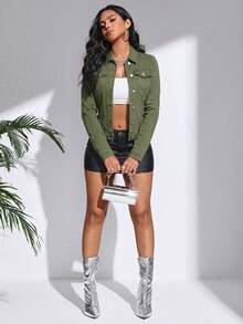 SHEIN SXY 女士长袖单排扣休闲牛仔外套 - 軍綠色 - 查看 6