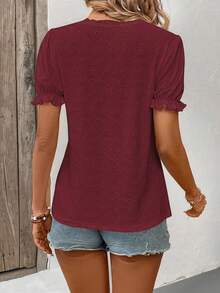 EMERY ROSE Summer Casual Solid Color Textured Lace Trim T-Shirt - Burgundy - View 2