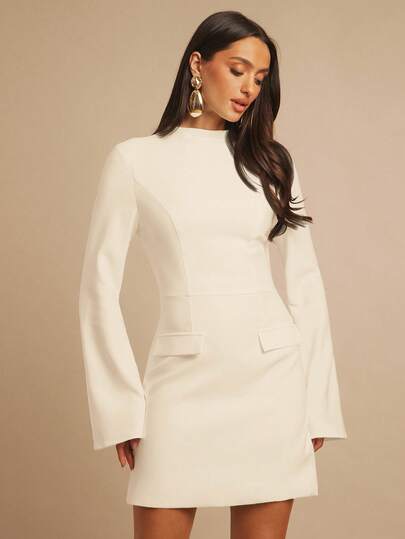 Silquee Women's Solid Color Fitted Elegant Office Wear Long Sleeve Dress