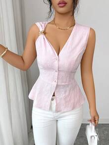 GlowEve Nueva llegada Blusa de diseño único con jacquard floral de primavera/verano, con cuello en V dulce, cintura ceñida, volantes en el bajo, botones de perla metálicos, elegante y versátil para mujeres jóvenes - Rosa - Ver 2