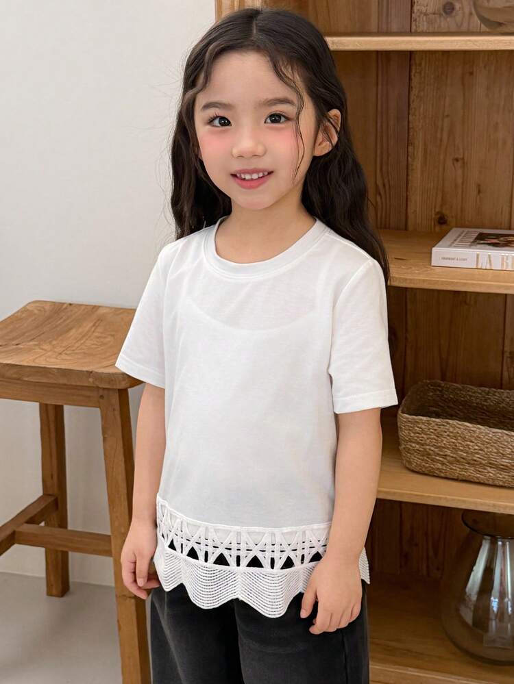 Young Girl Round Neck Hollow-Out Patchwork Casual Versatile Daily Wear Short Sleeve T-Shirt