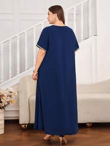 Al Najma Gaun Maxi Turki Wanita Ukuran Besar Lengan Pendek Bordir Warna Polos, Kaftan Tradisional Arab - Navy Blue - View 2