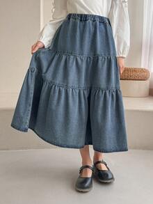 DAZY Tween Girls Elastic Waist Layered Ruffle Hem Casual Denim Skirt - Blue - View 4