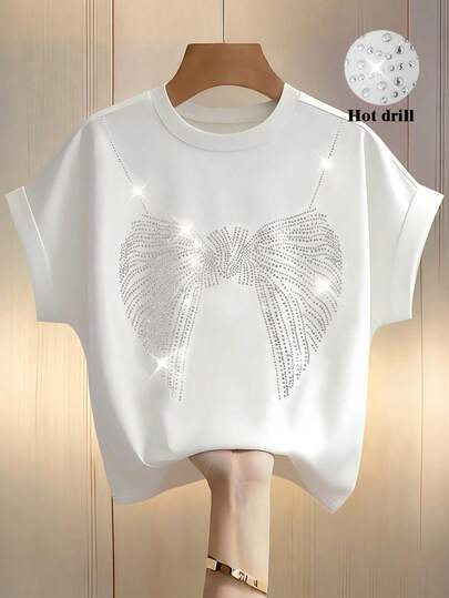 Franclia French-Style Summer Fashion Rhinestone White T-Shirt, Short-Sleeved White T-Shirt, Heavyweight Butterfly Rhinestone Sequined T-Shirt, Elegant T-Shirt, Summer White T-Shirt, Women's Summer Outfits, Summer Tops, Women's Casual Tops, Summer Clothing, White Versatile Fashion Top, Loose T-Shirt, Summer Outdoor White T-Shirt