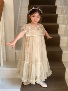 DAZY Young Girl Round Neck Sequin Mesh Ruffle Trim Cute Elegant Party Dress - Apricot - View 4