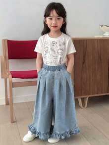 DAZY Young Girl Elastic Waist Pocket Pleated Ruffle Hem Casual Versatile Daily Wear Wide Leg Jeans - Blue - View 4