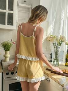 SHEIN Ruffle Strap Shorts Pajama Set - Yellow - View 2