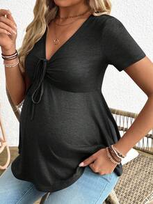SHEIN Maternity Casual V-Neck Ruched Knot Front Short Sleeve Babydoll Top, Solid Color, Versatile For Daily Commute, Summer - Grey - View 3