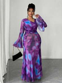 Maweii Plus Size Women's Sexy Semi-Sheer Extra Long Digital Split Ruched Oblique Shoulder Long Sleeve Dress, Spring/Autumn/Winter - Multicolor - View 4