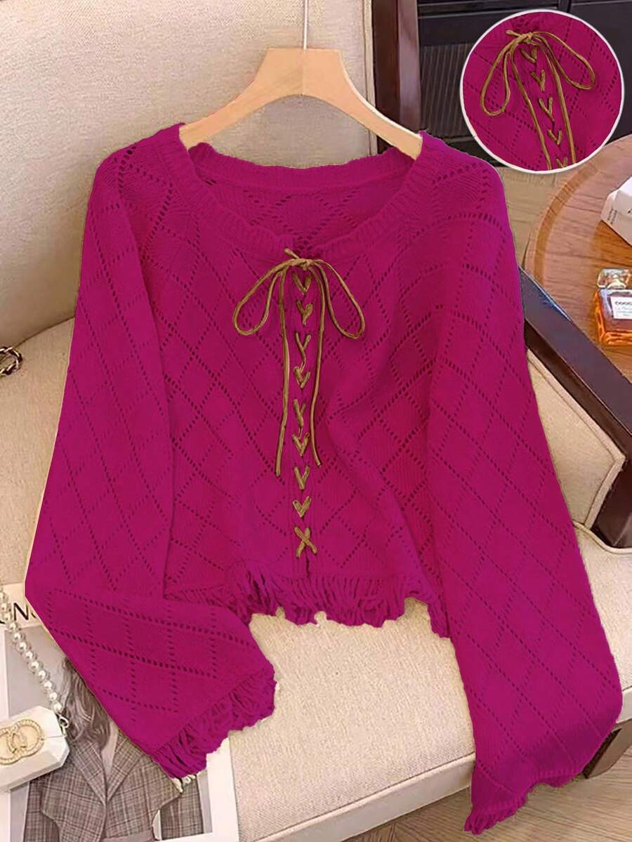Franclia Blogger-Inspired Stylish Colorblock Lace-Up Hollow Floral Fringe Pullover Sweater, European & American New Arrival - Hot Pink - View 1