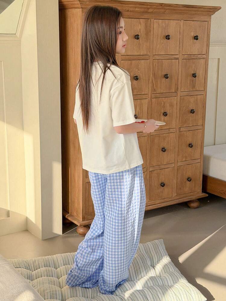 Tween Girl Letter & Cartoon Print Round Neck Drop Shoulder T-Shirt And Plaid Pants Set Summer