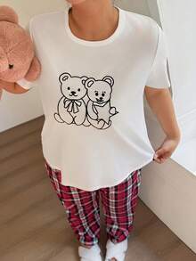 SHEIN Cute Cartoon Print T-Shirt & Plaid Pants Plus Size Pajama Set - White - View 4