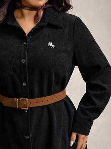 Zelara 大码复古硬币刺绣灯芯绒衬衫裙 女士黑色灯芯绒连衣裙 黑色西部衬衫裙 黑色纽扣连衣裙 女士衬衫裙 - 黑色 - 查看 1