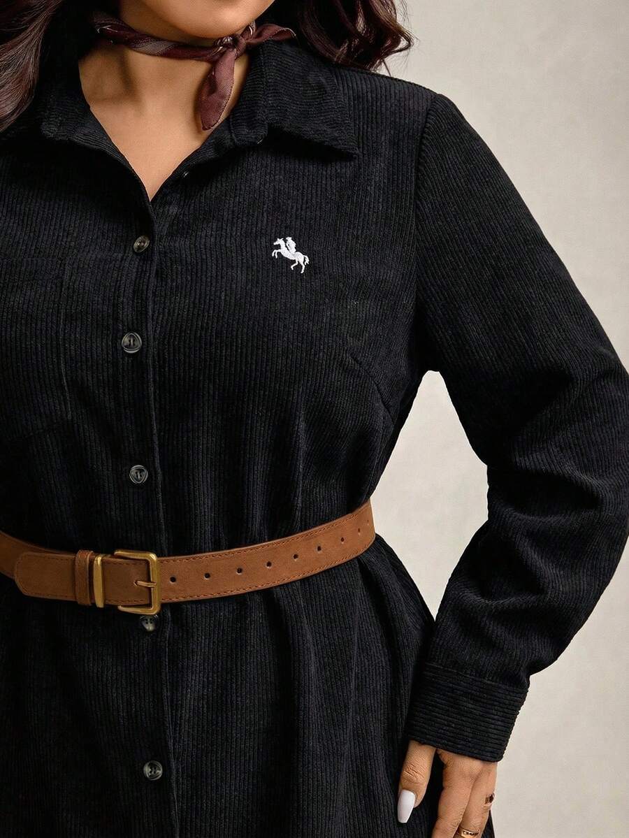 Zelara 大码复古硬币刺绣灯芯绒衬衫裙 女士黑色灯芯绒连衣裙 黑色西部衬衫裙 黑色纽扣连衣裙 女士衬衫裙 - 黑色 - 查看 1