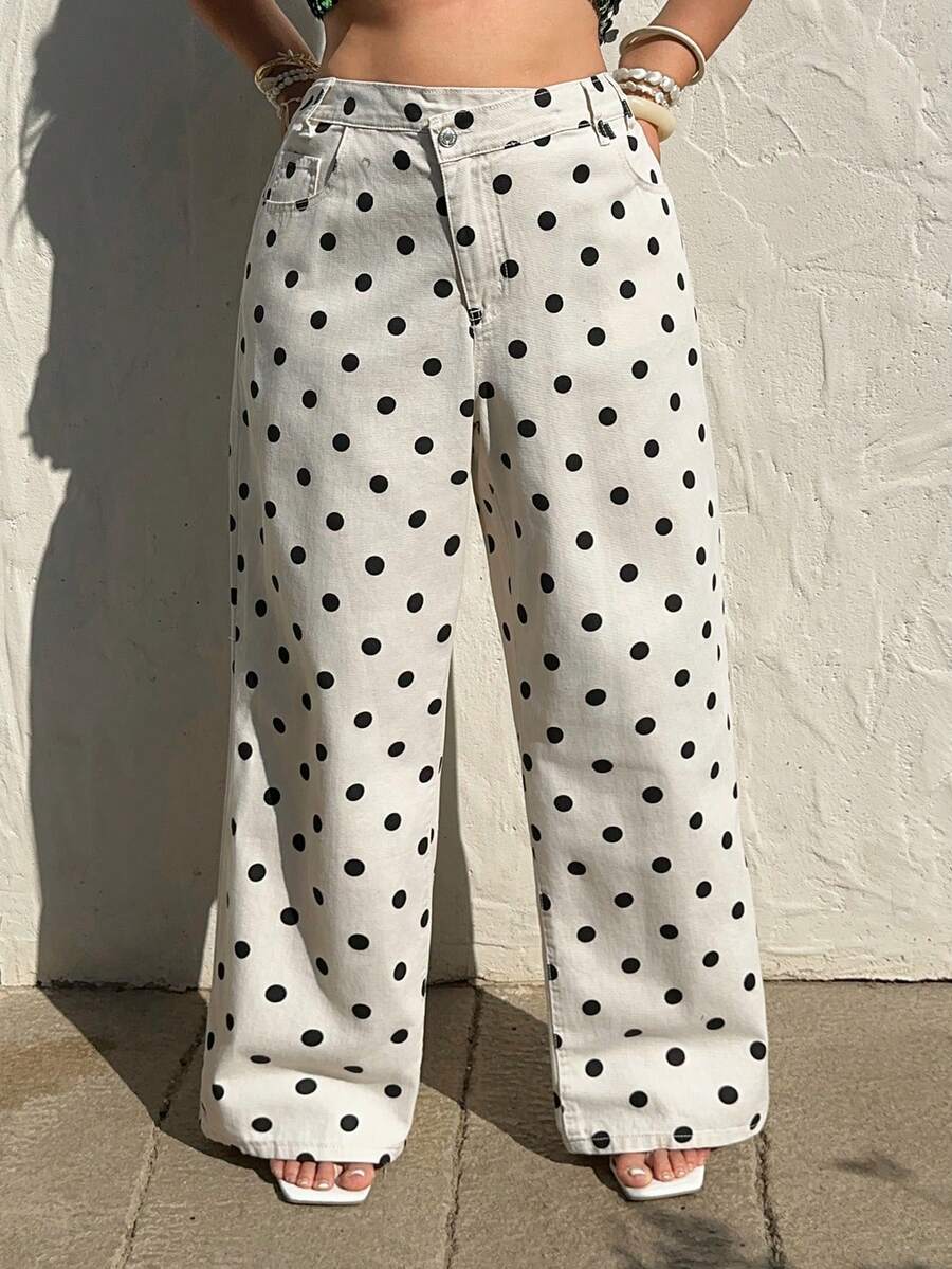 Sunnyshic 不对称腰线休闲度假波点牛仔裤 - 彩色 - 查看 1