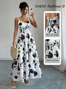 Rafferiza INS Style Adjustable Buckle Women's Spaghetti Strap Waist Cinched Long Dress - White - View 4