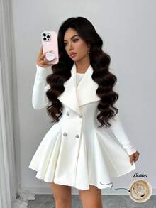 SHEIN Elenzya Women's Lapel Double-Breasted Cinched Waist A-Line Elegant Sleeveless Overcoat, Suitable For Daily Commute - Apricot - View 1