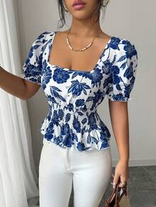 SHEIN Elenzya 女士树叶鹦鹉印花短袖衬衫，收腰设计，优雅百搭，适合度假、日常通勤、法式风情、复古风、商务场合、假日穿着，蓝白泡泡袖，早春/春夏新款 - 彩色 - 查看 6