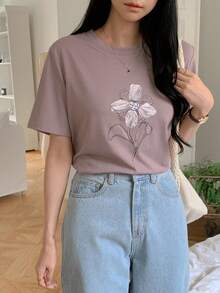 DAZY 女士宽松休闲印花T恤，适合海滩度假 - 紫色 - 查看 2