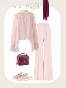 Franclia French-Style, Subtly Luxurious, High-Neck, Irregularly Pleated, Slightly Sheer Long-Sleeved Women's Blouse; Women's Shirt, Women's Sun-Protective Shirt, Long-Sleeved Top, Spring Clothing, Summer Outfits; Women's Pink Blouse, Women's Chiffon Blouse, Women's Sheer Top.Fashionable Casual Commuter Wear, Business Office Wear, Versatile And Stylish Everyday Casual Wear, Urban Teacher's Professional Attire - Pink - View 2