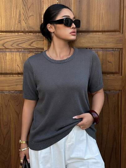 Dazy Plus Plus Size Casual Versatile Commute Solid Color Short Sleeve Knit Top