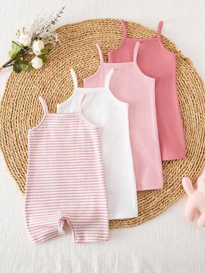 SHEIN 4 st/set babyflickor avslappnad bekväm vardagsmångsidig axelbandssparkdräkt, lämplig för sommarsemester och utflykter