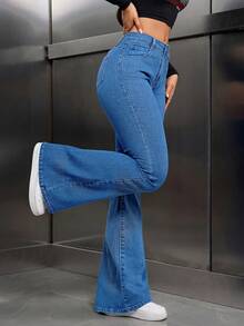 SHEIN PETITE Women's Pocket Button Casual Versatile Daily Wear Flared Jeans - Light Wash - View 4