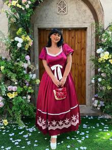 Flirla 大码撞色蕾丝优雅蝴蝶印花连衣裙 - 酒紅色 - 查看 9