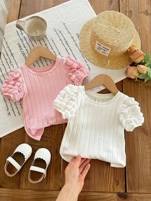 SHEIN 2pcs Cute Casual Solid Color Bubble Short Sleeve Knit Tops, "Babygirl" - Multicolor - View 5